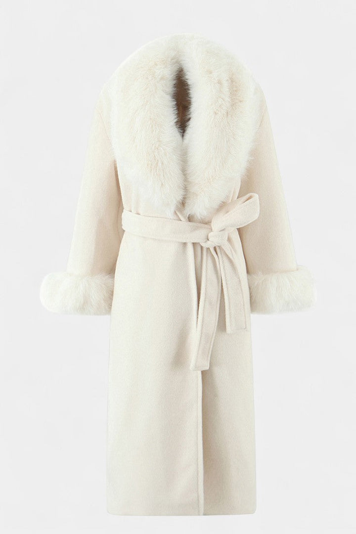 Lalie long belted coat faux fur trim front view model