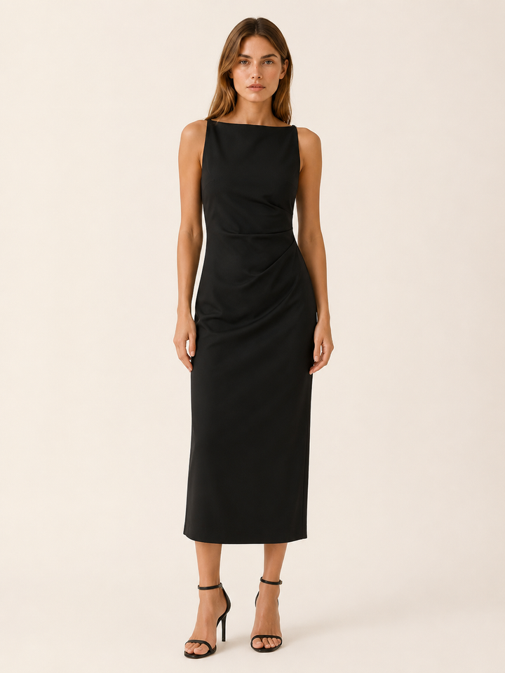 Black Straight Neck Midi Dress with Sleeveless Cut – front view