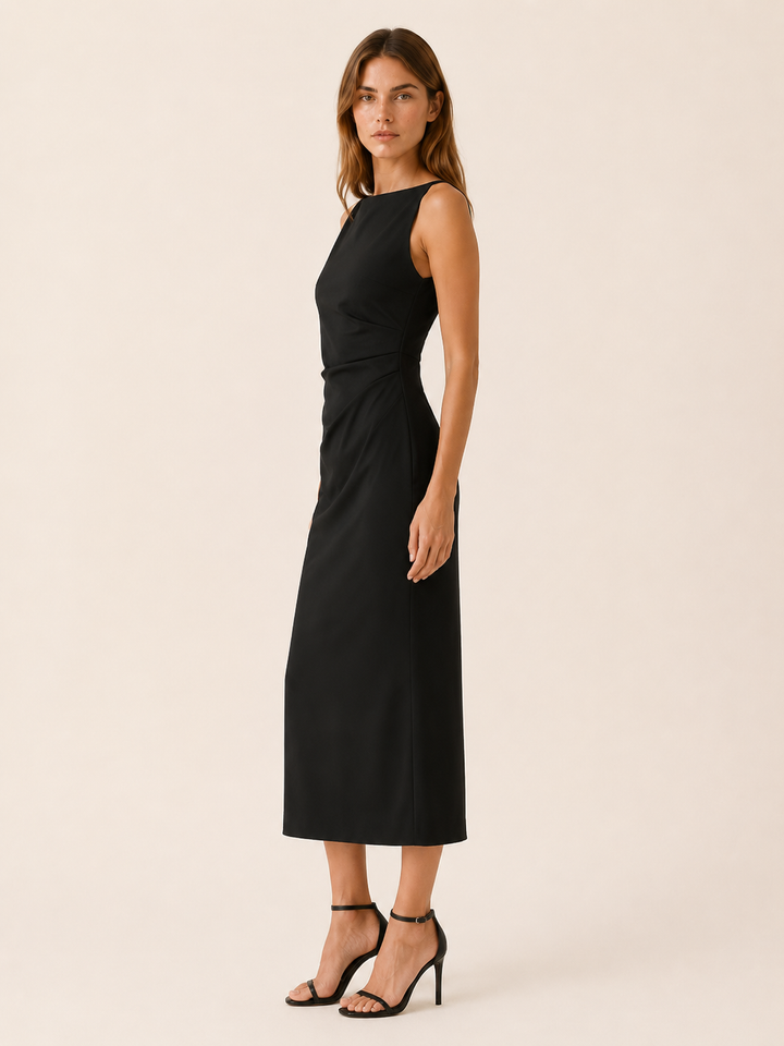 Blue Straight Neck Midi Dress with Sleeveless Cut – side view