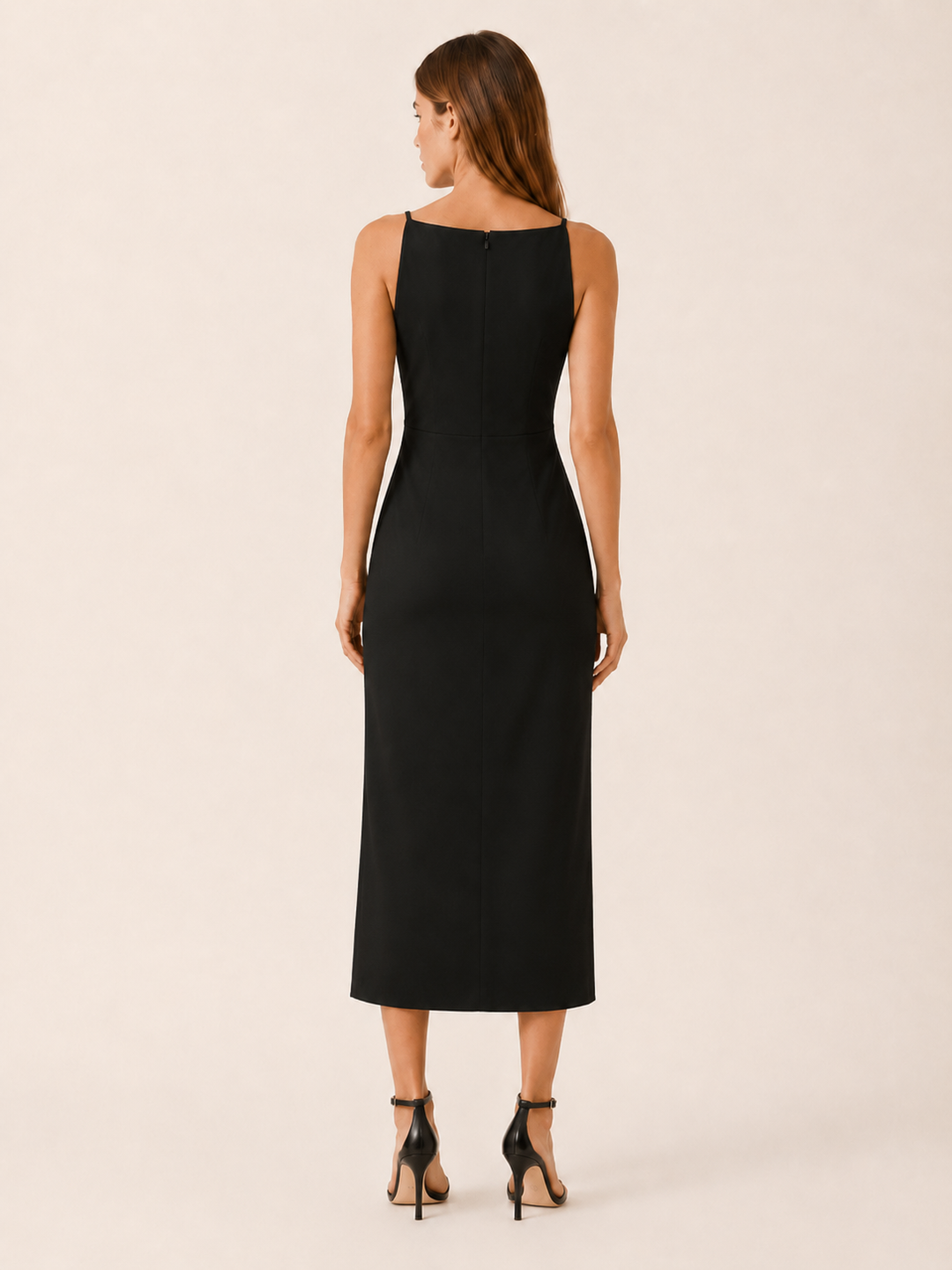 Black Straight Neck Midi Dress with Sleeveless Cut – back view