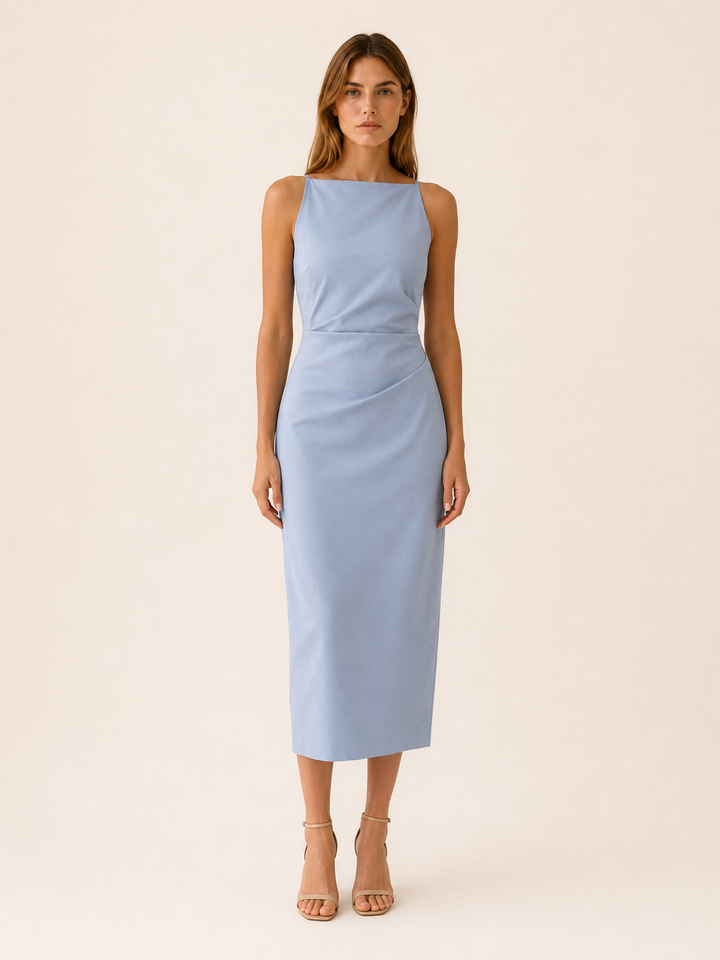 Blue Straight Neck Midi Dress with Sleeveless Cut – lifestyle