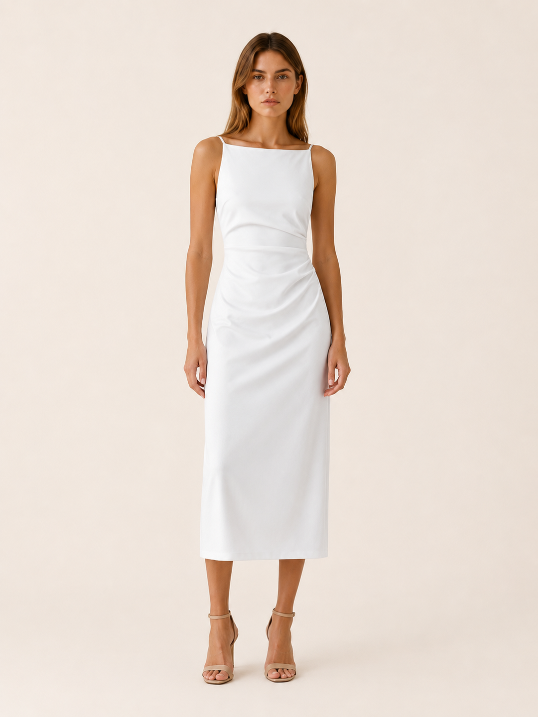 Black Straight Neck Midi Dress with Sleeveless Cut – full length view