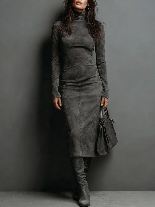 women's suede midi dress – coffee high neck long sleeve