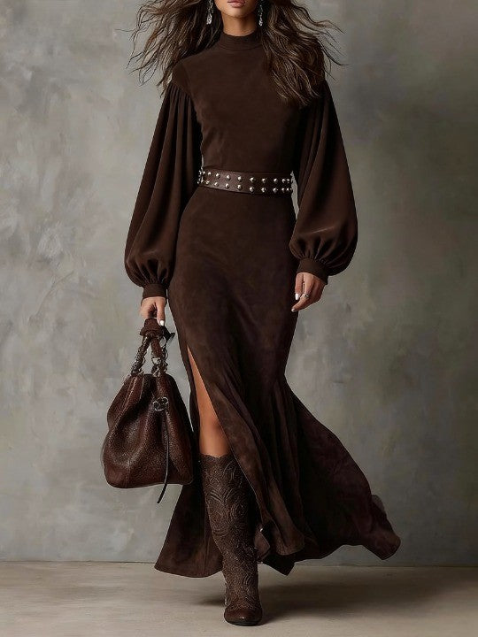 Lara brown retro lantern sleeve half high collar maxi dress
