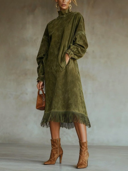 Matilda green suede turtleneck fringe hem dress – front