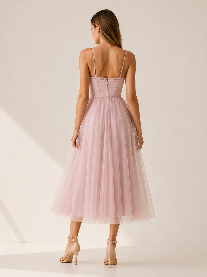 Brown Tulle Midi Dress with Sweetheart Neck – back view