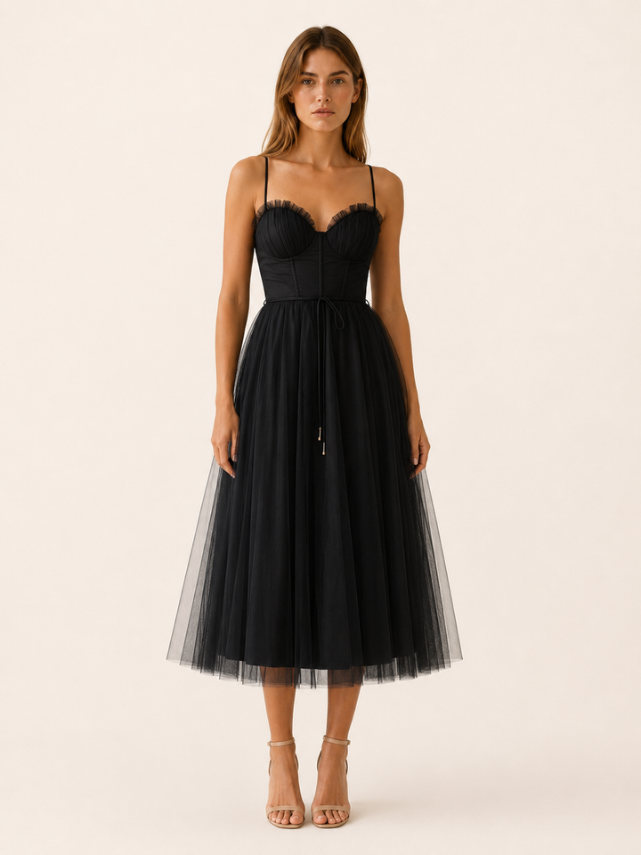 Brown Tulle Midi Dress with Sweetheart Neck – lifestyle