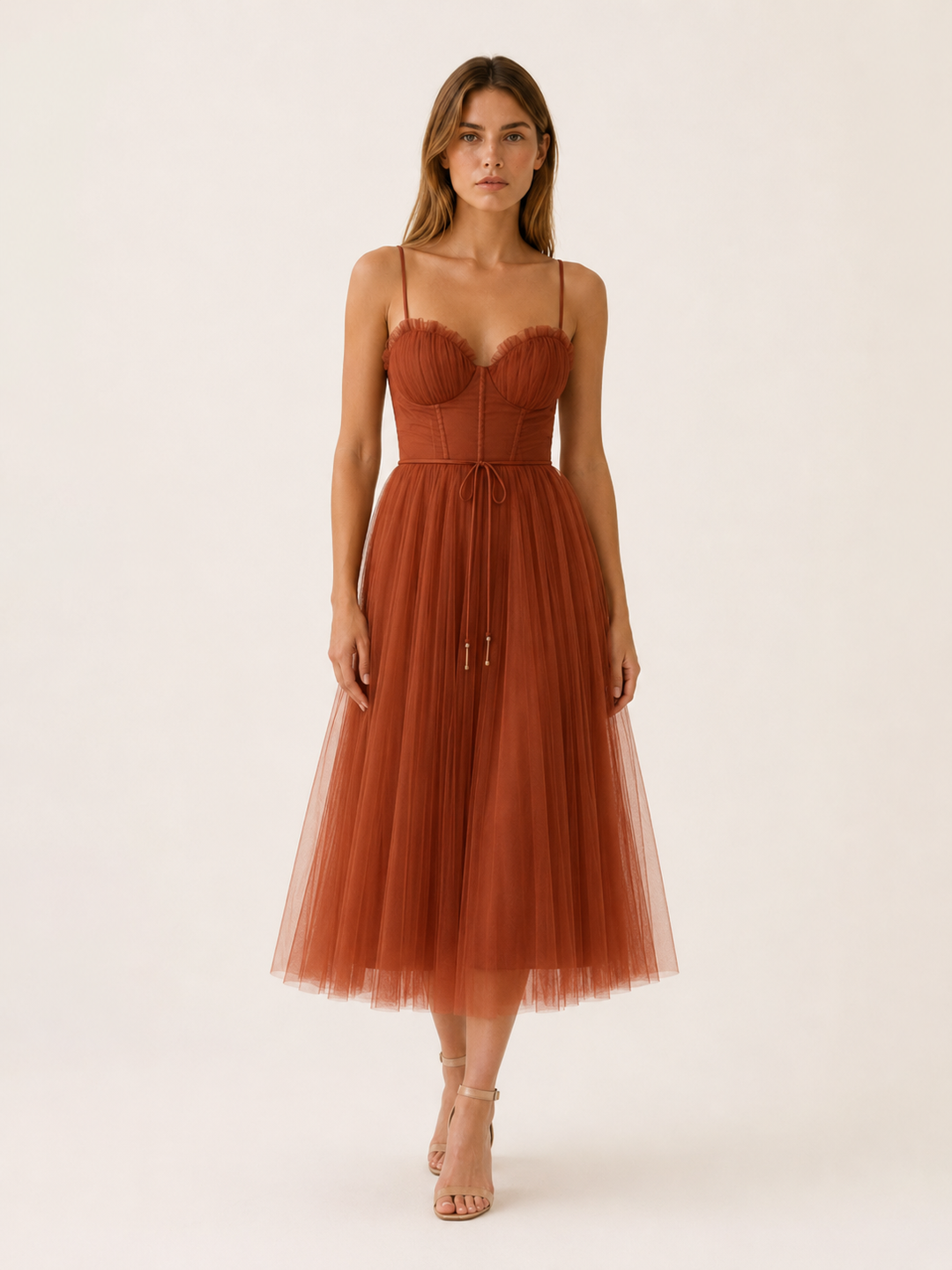 Pink Tulle Midi Dress with Sweetheart Neck – full length view