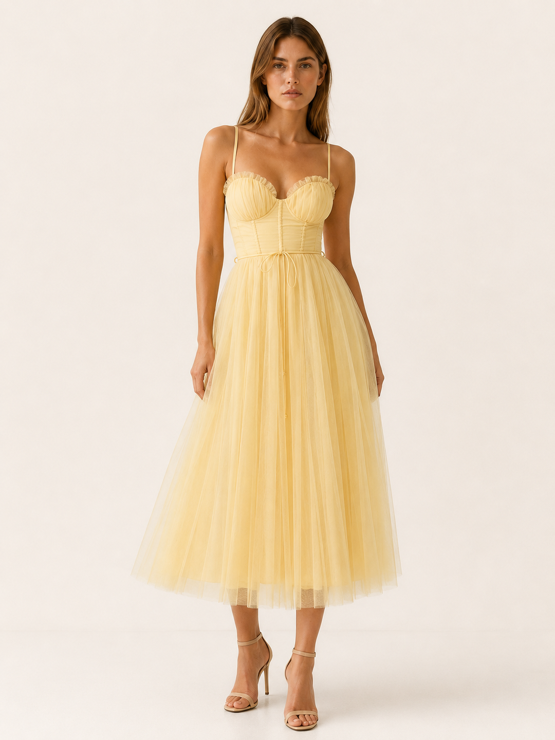 Brown Tulle Midi Dress with Sweetheart Neck – model view