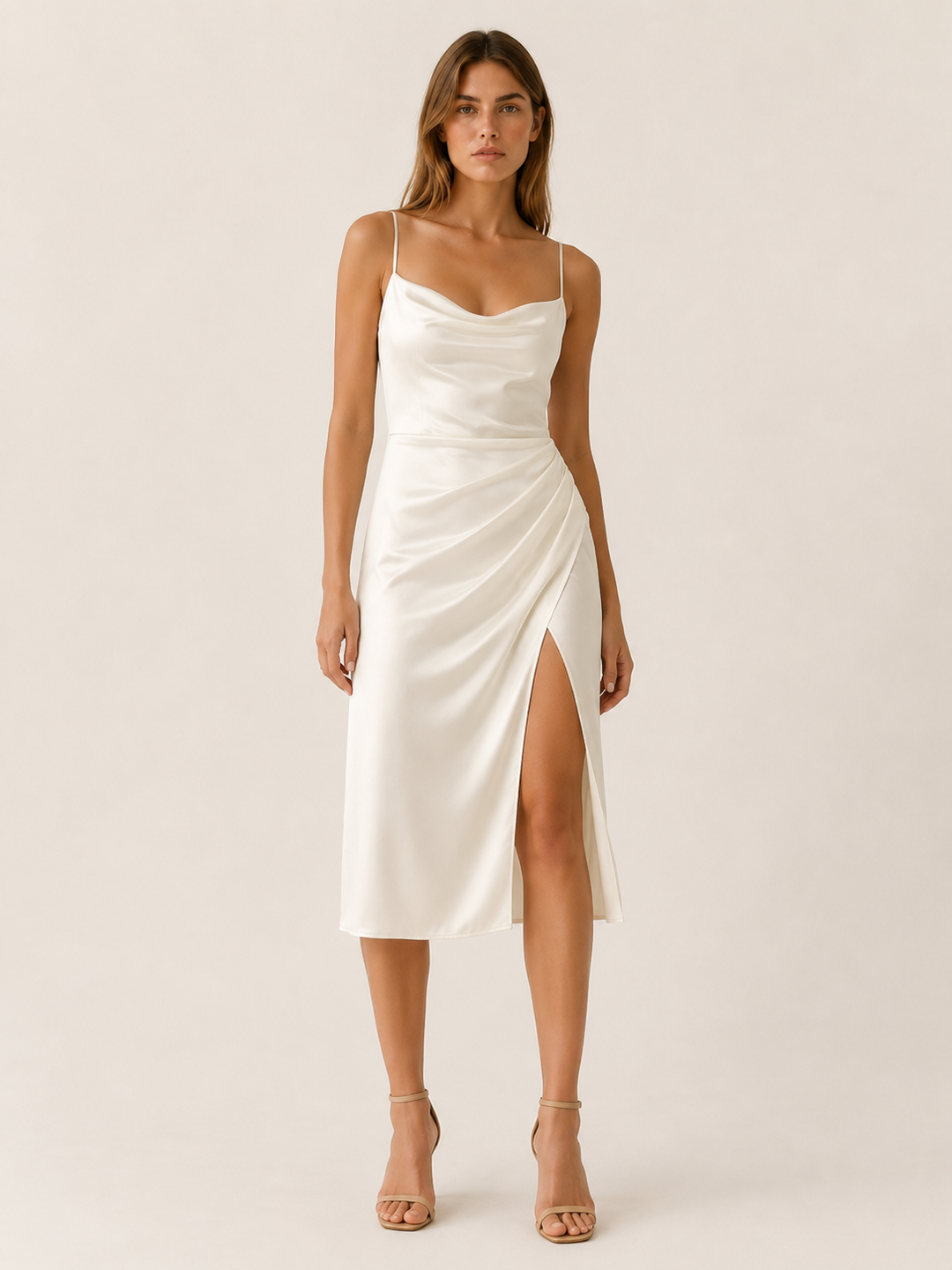 Black Cowl Neck Satin Midi Dress with Side Slit – lifestyle