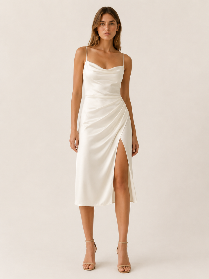Black Cowl Neck Satin Midi Dress with Side Slit – lifestyle