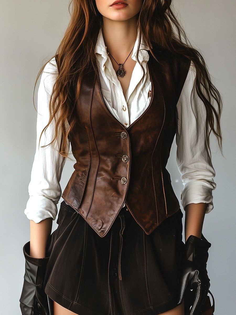 Waist-cinched leather waistcoat detail view