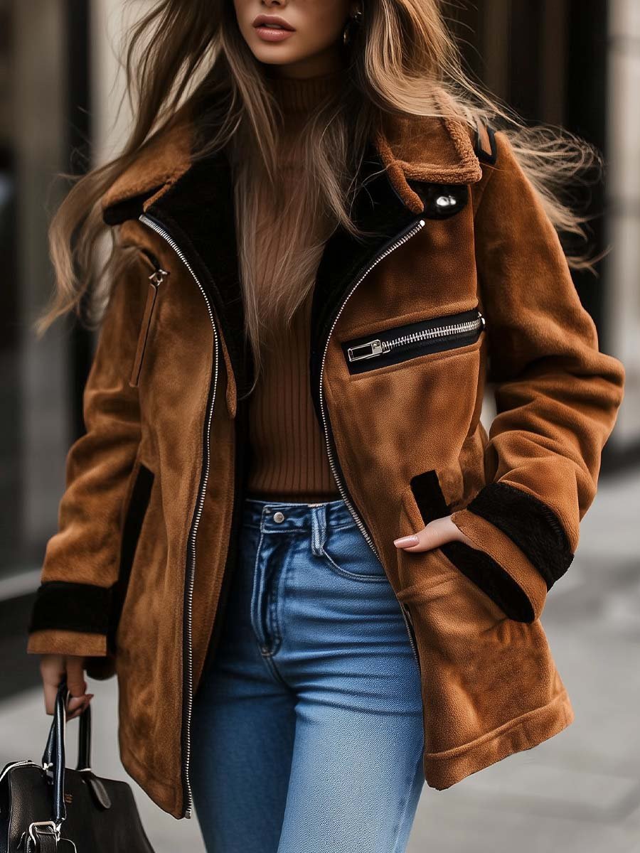 Womens retro zipper contrast color suede coat front view