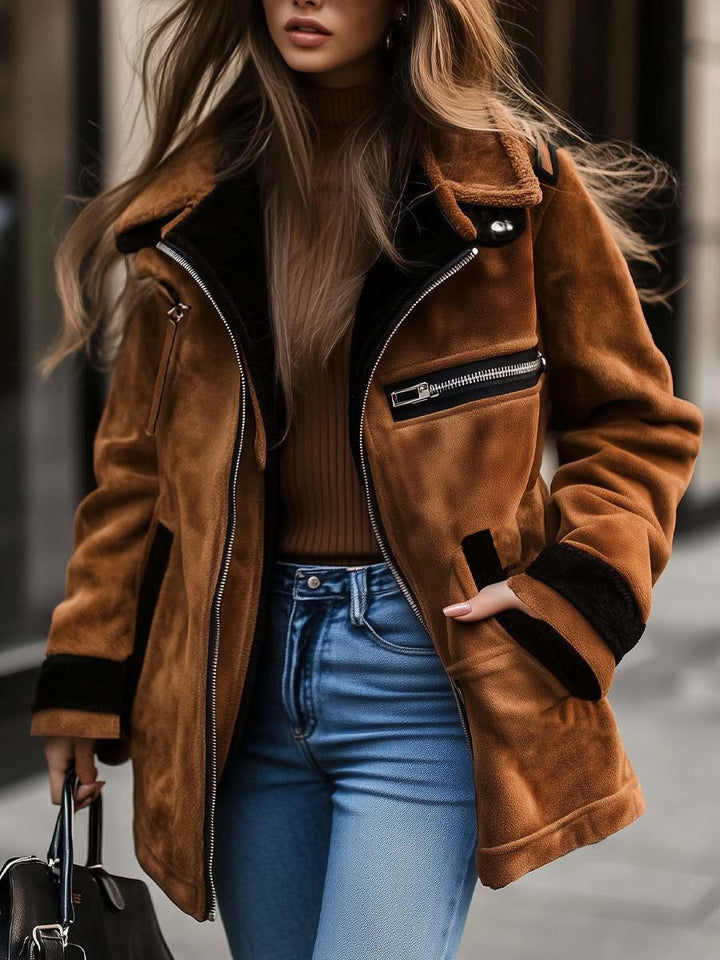 Womens retro zipper contrast color suede coat front view
