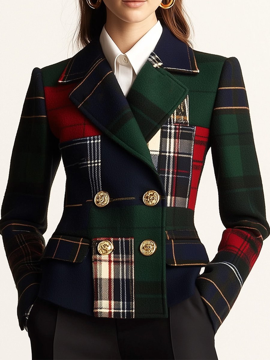 Casual plaid double-breasted woolen blazer front view
