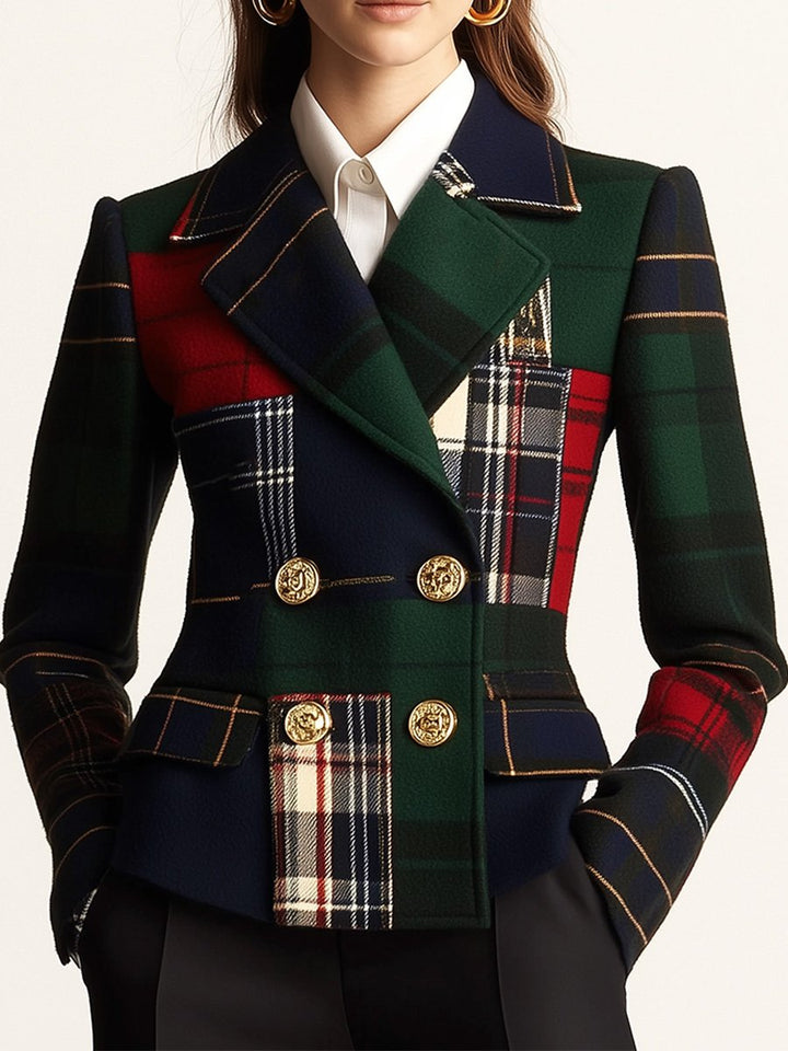 Casual plaid double-breasted woolen blazer front view