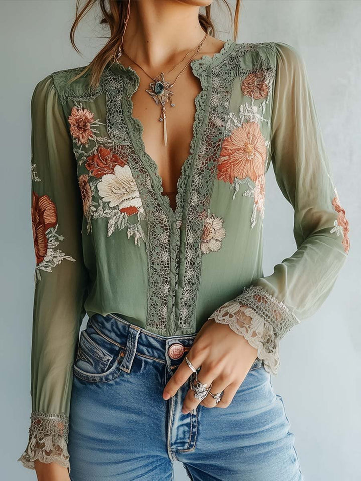 Bohemian floral printed lace blouse front view