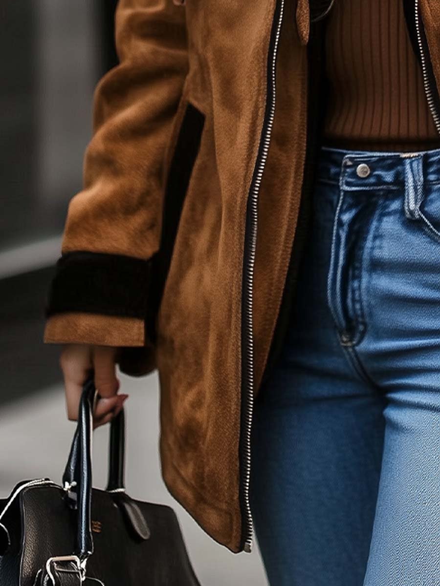 Womens retro zipper contrast color suede coat side view