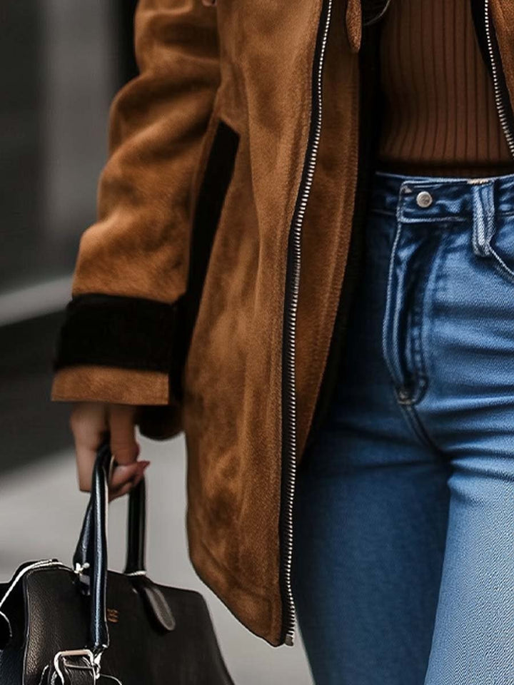 Womens retro zipper contrast color suede coat side view