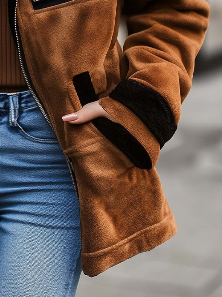 Womens retro zipper contrast color suede coat styled view