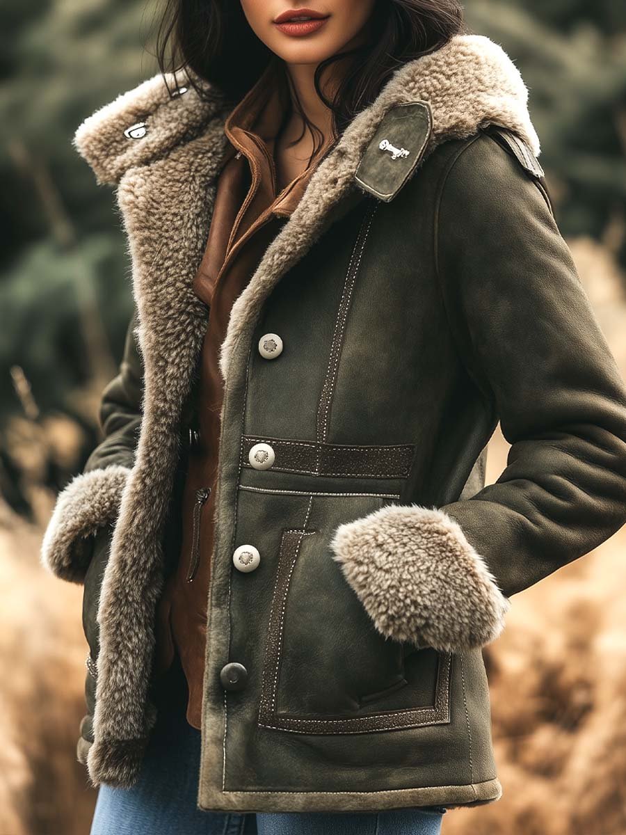 Women's retro suede thick warm coat front view