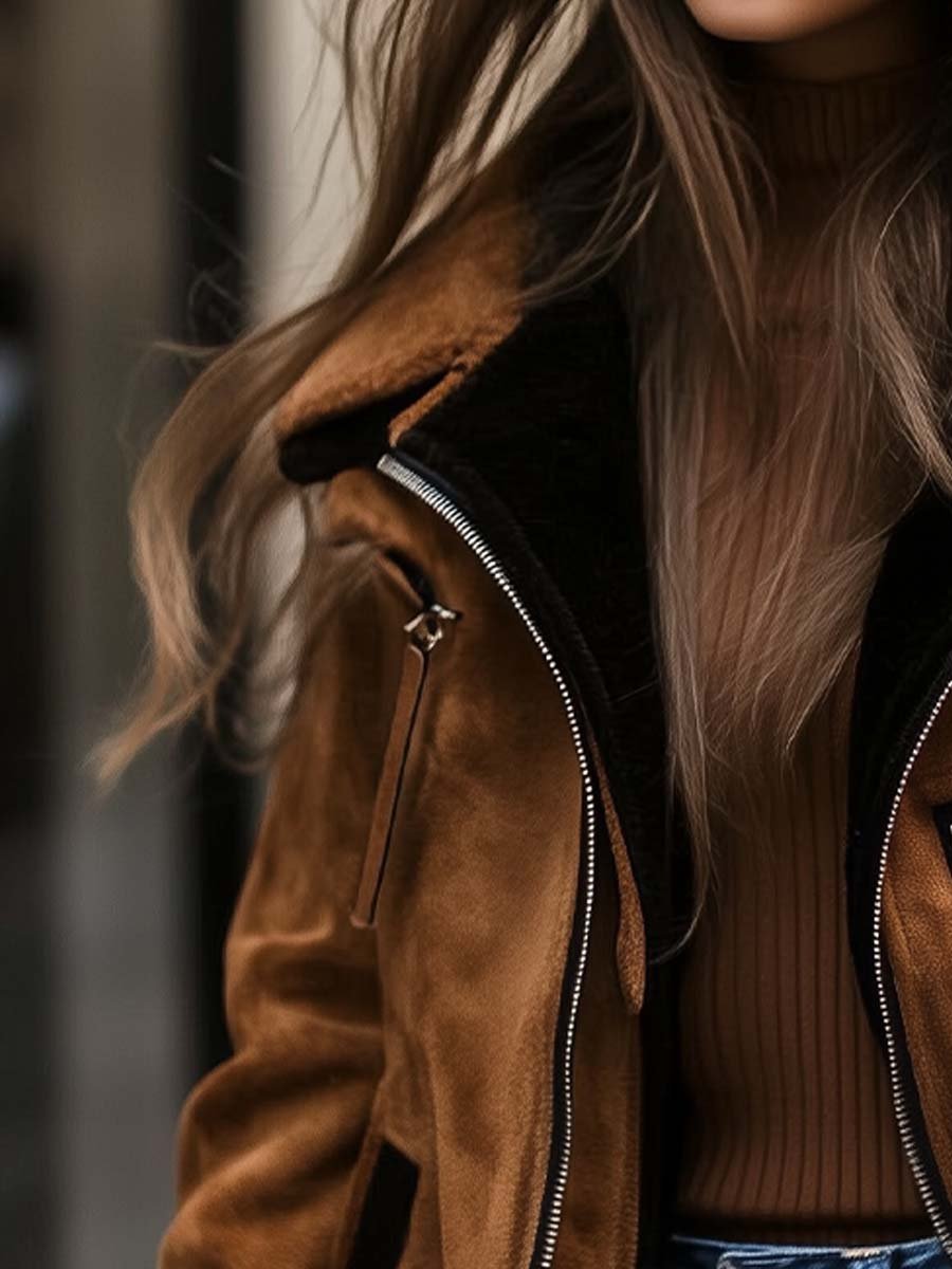 Womens retro zipper contrast color suede coat detail view