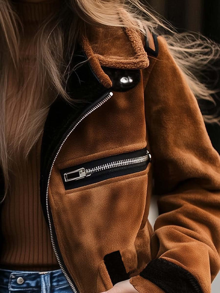Womens retro zipper contrast color suede coat back view