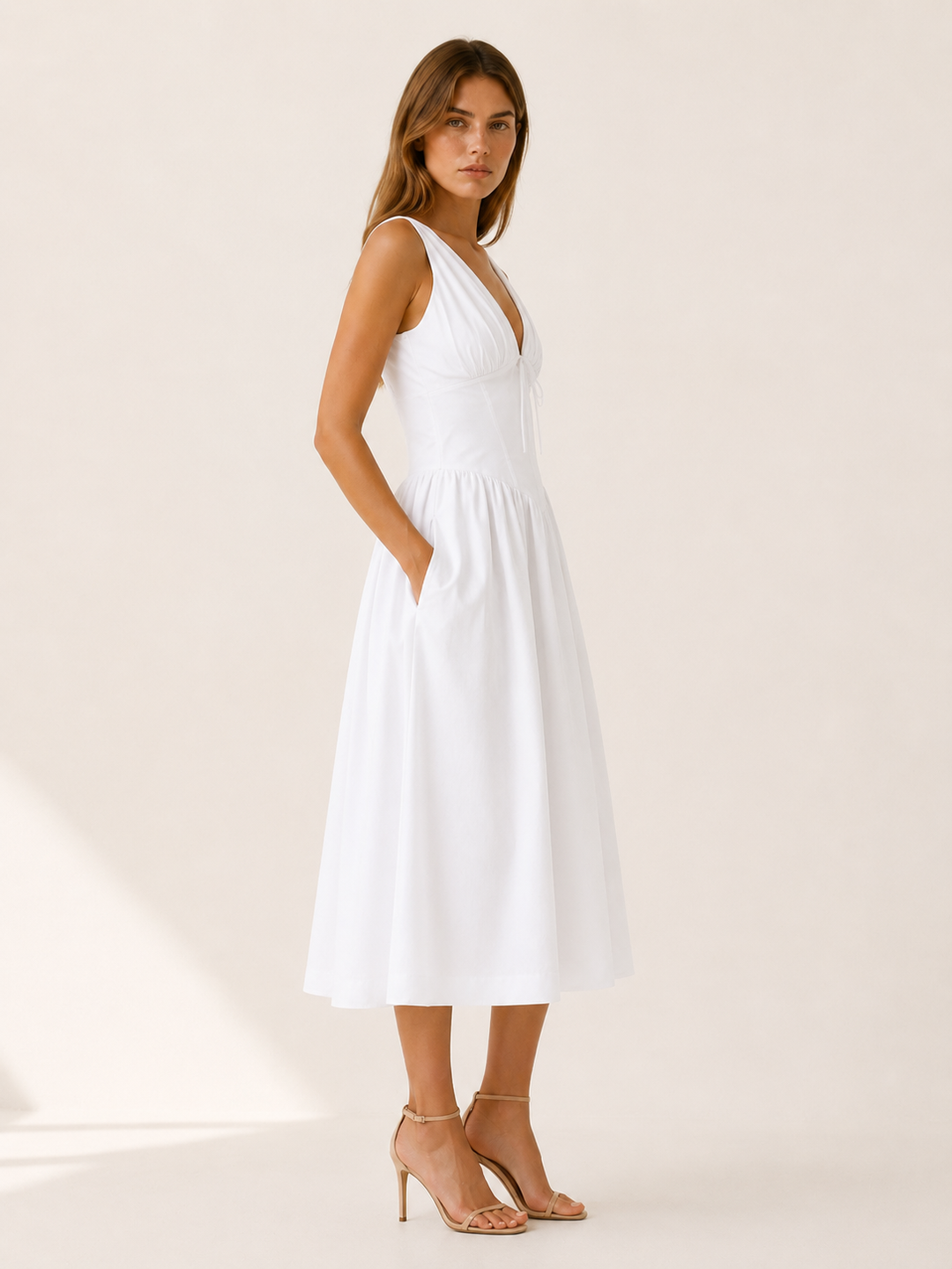 White Plunge Midi Dress with Full Skirt – side view