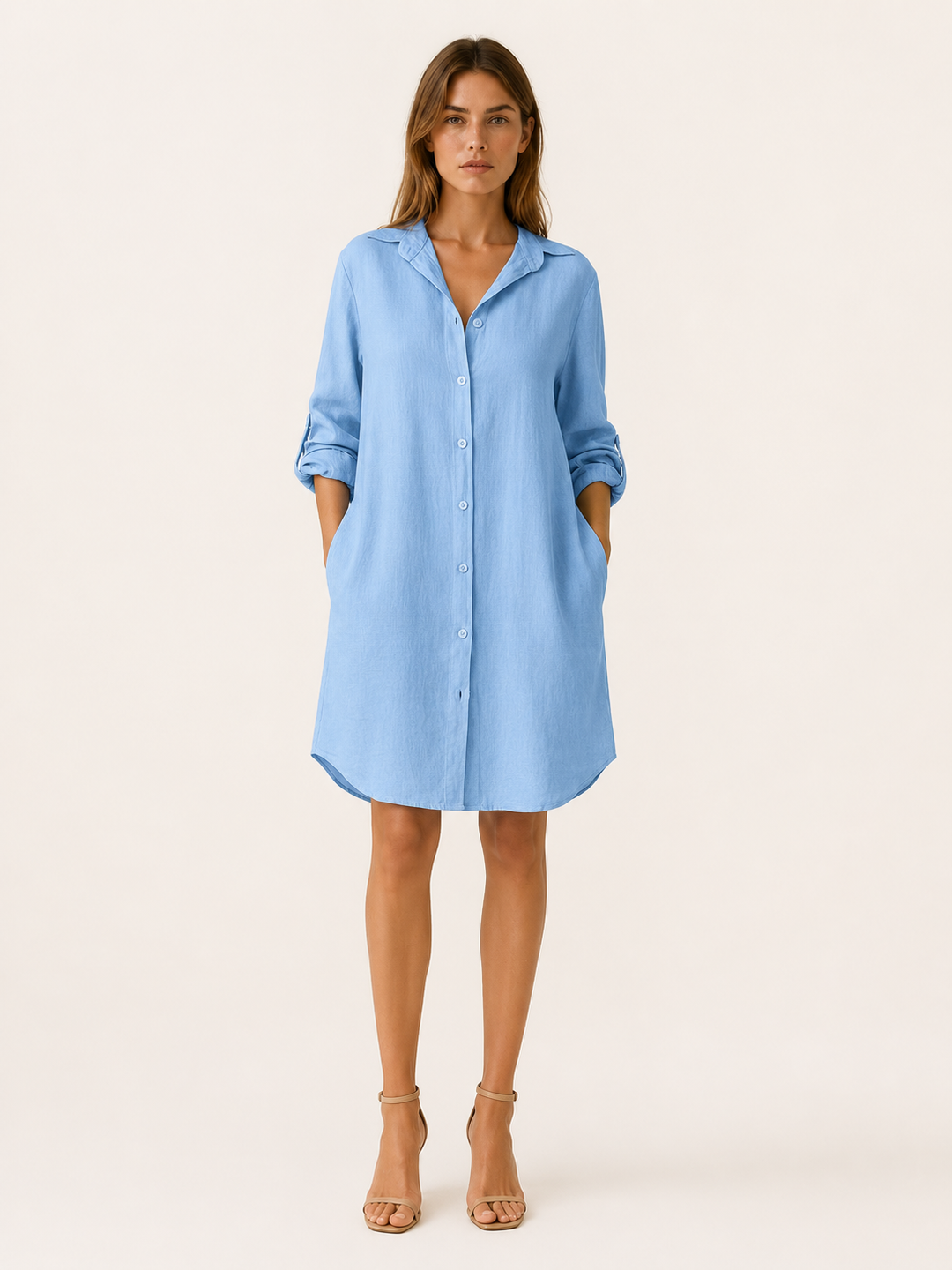 Blue Shirt Dress with Button Front and Side Pockets – front view