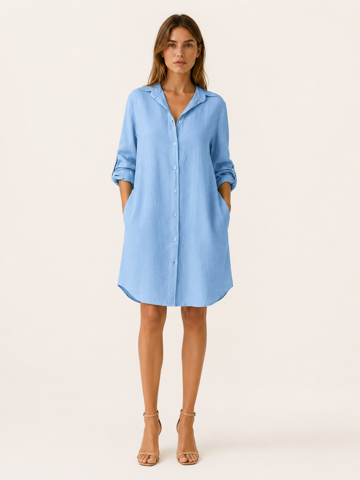 Blue Shirt Dress with Button Front and Side Pockets – front view