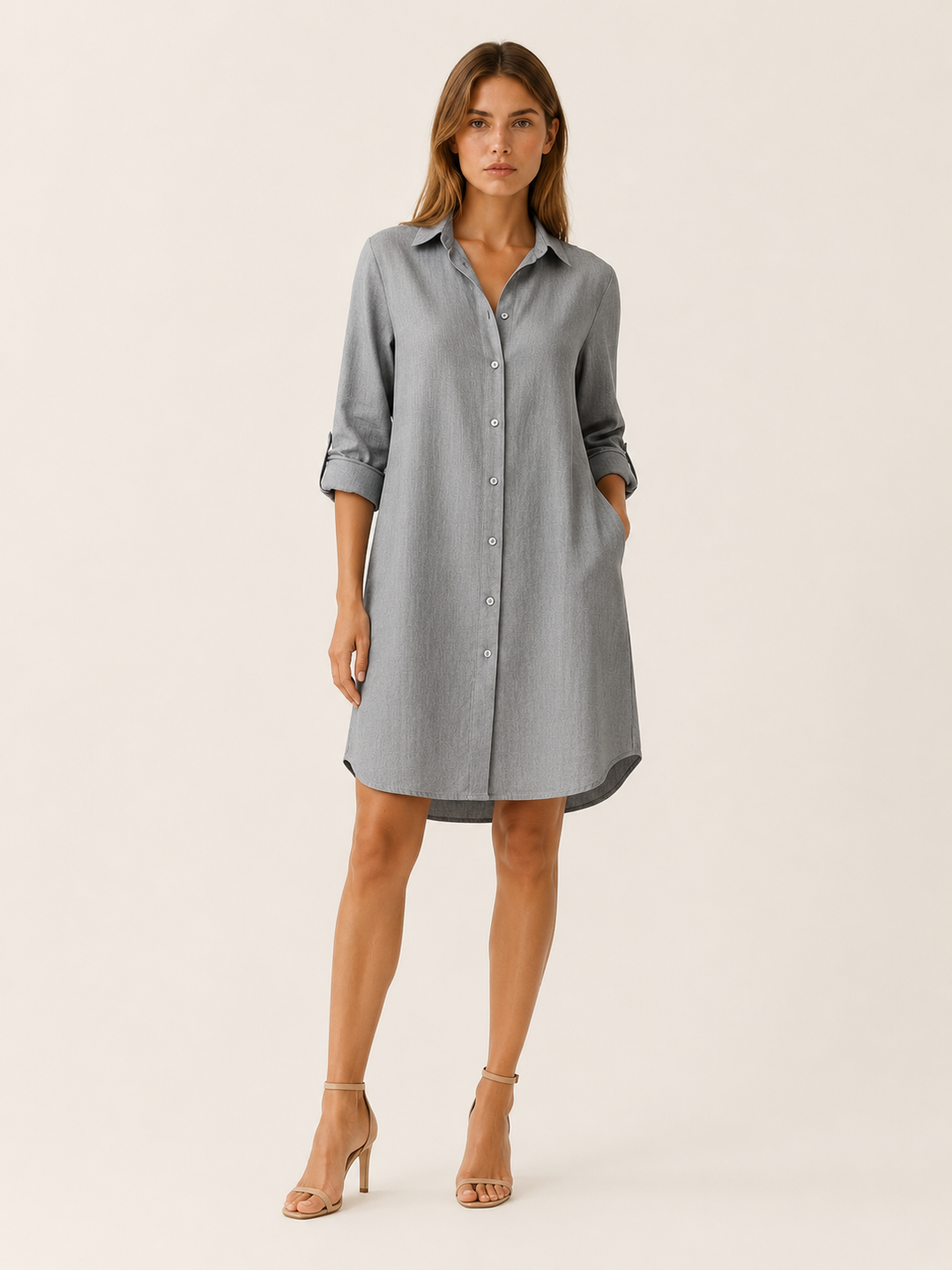 Blue Shirt Dress with Button Front and Side Pockets – full length view