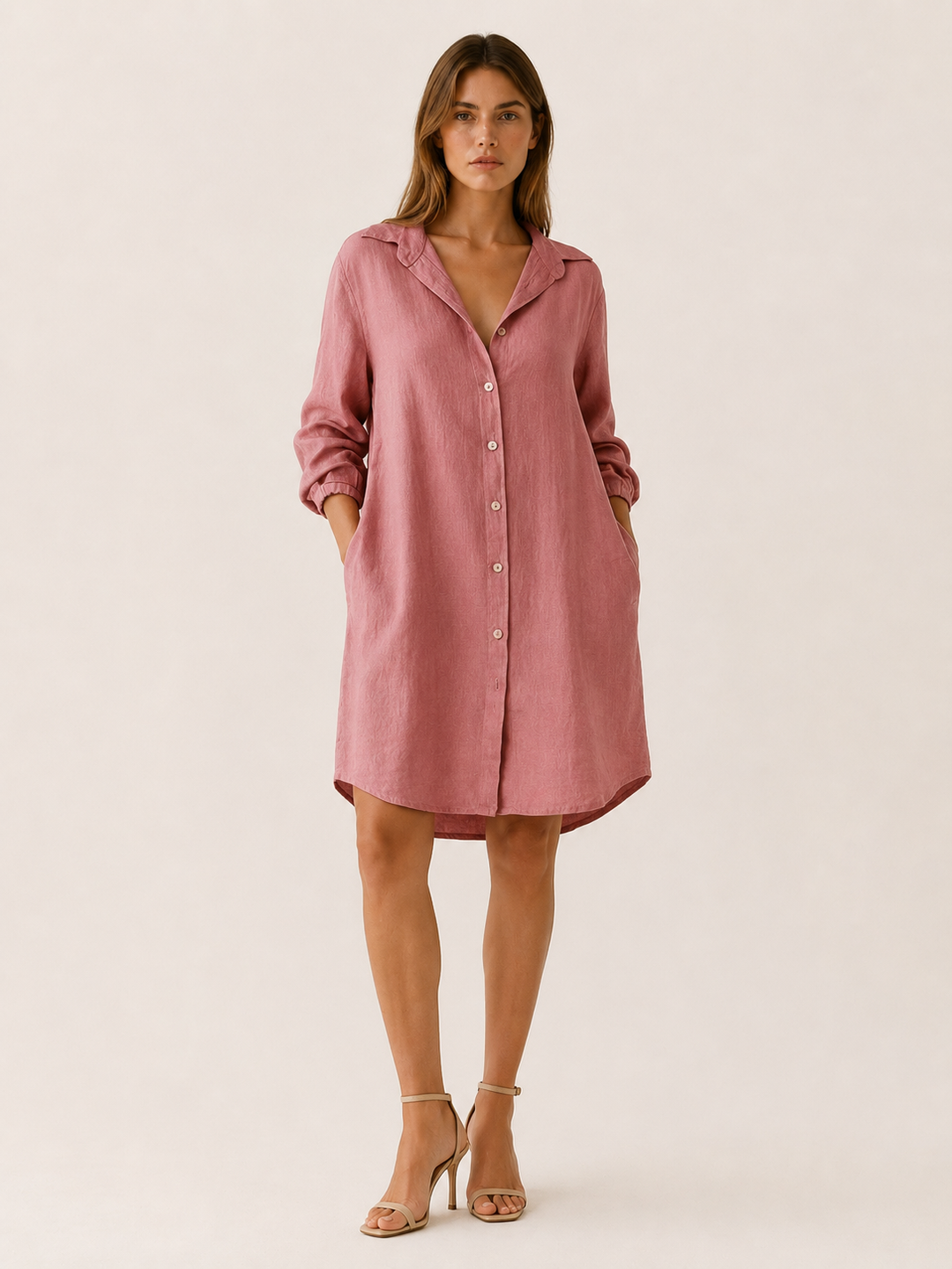 White Shirt Dress with Button Front and Side Pockets – angled view