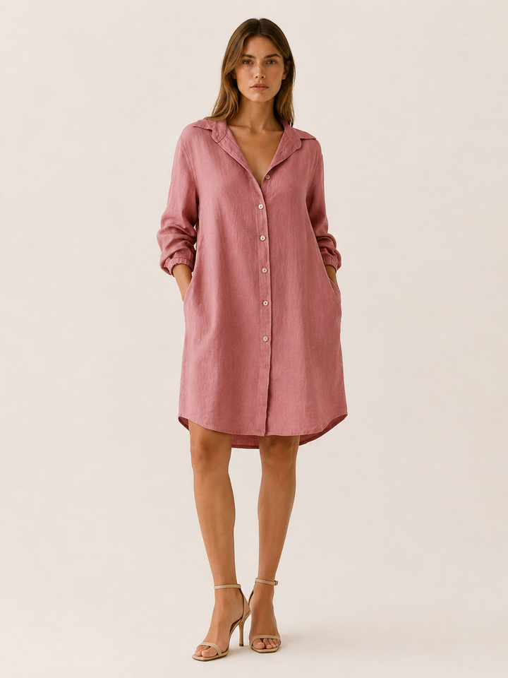 White Shirt Dress with Button Front and Side Pockets – angled view