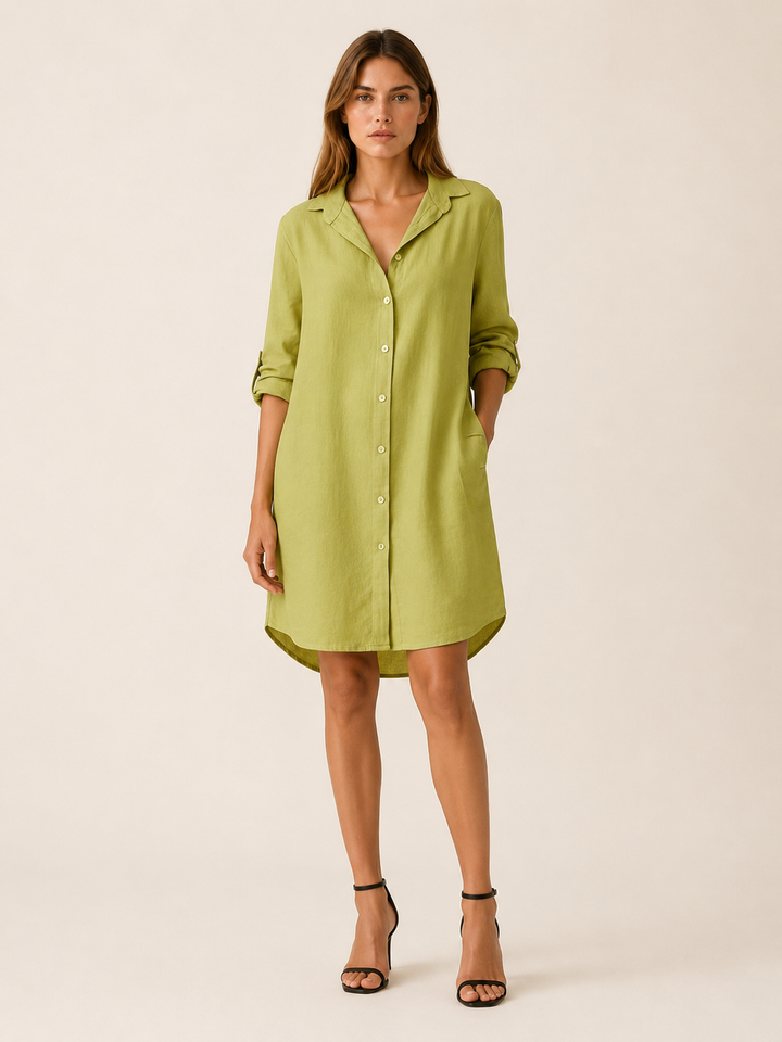 Blue Shirt Dress with Button Front and Side Pockets – model view
