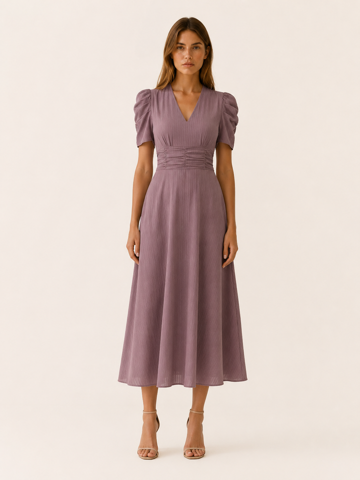 Brown V Neck Midi Dress with Ruched Waist – front view
