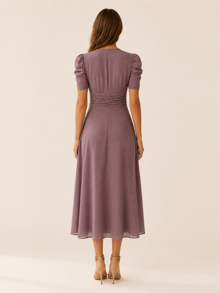 Beige V Neck Midi Dress with Ruched Waist – back view