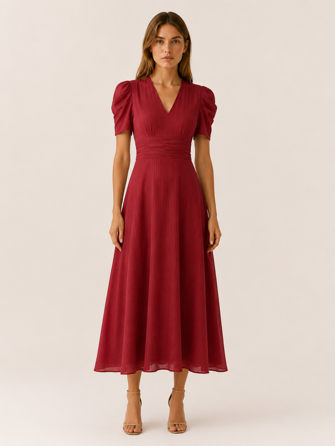 Beige V Neck Midi Dress with Ruched Waist – lifestyle
