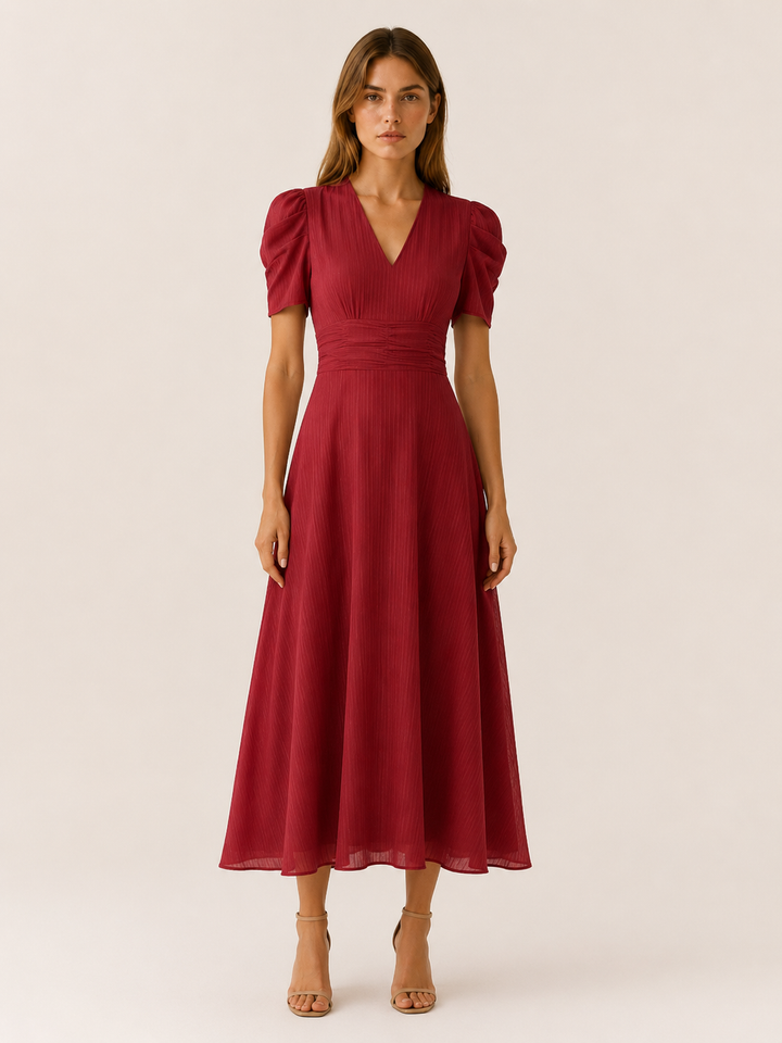 Beige V Neck Midi Dress with Ruched Waist – lifestyle