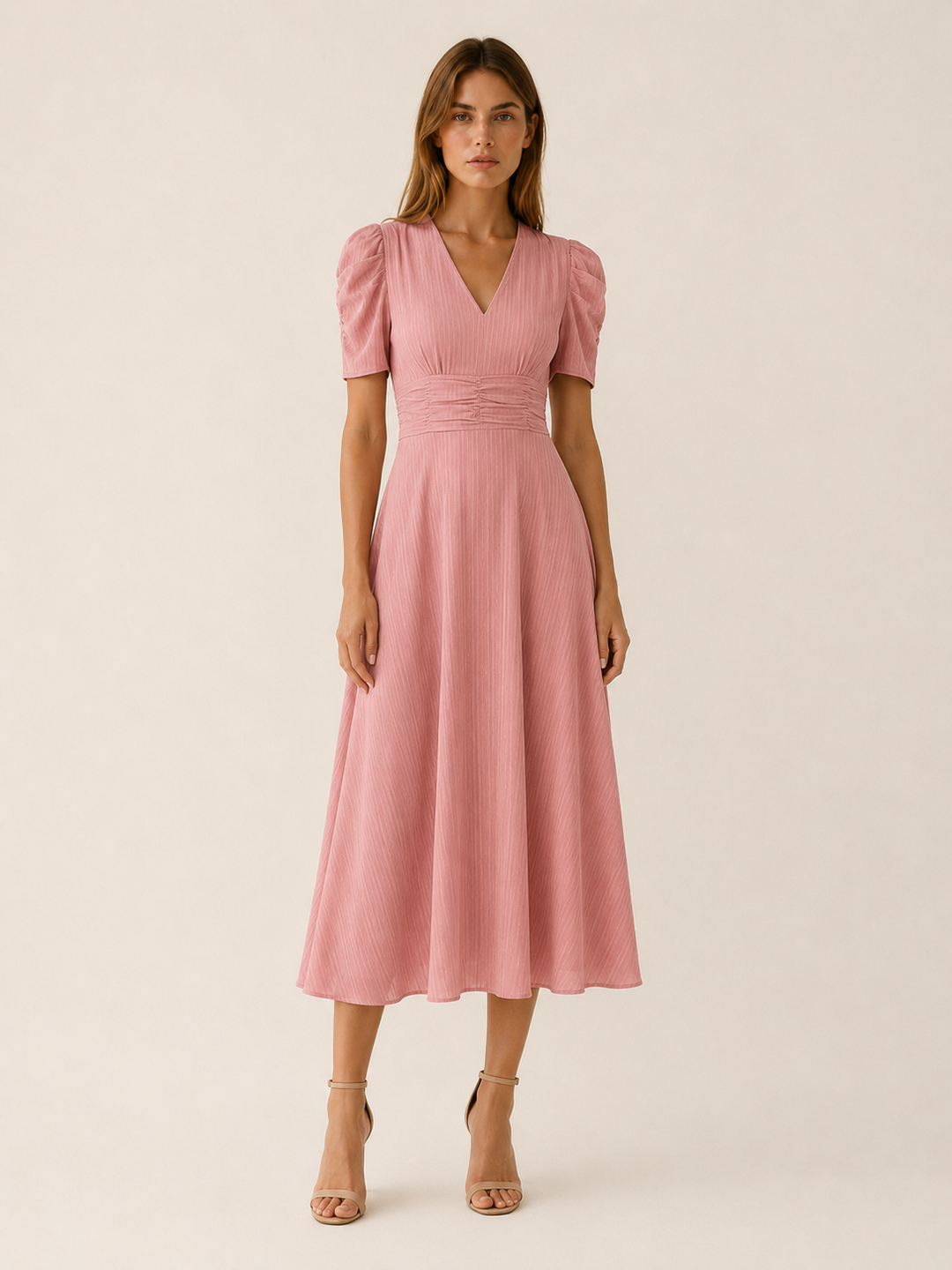 Red V Neck Midi Dress with Ruched Waist – angled view