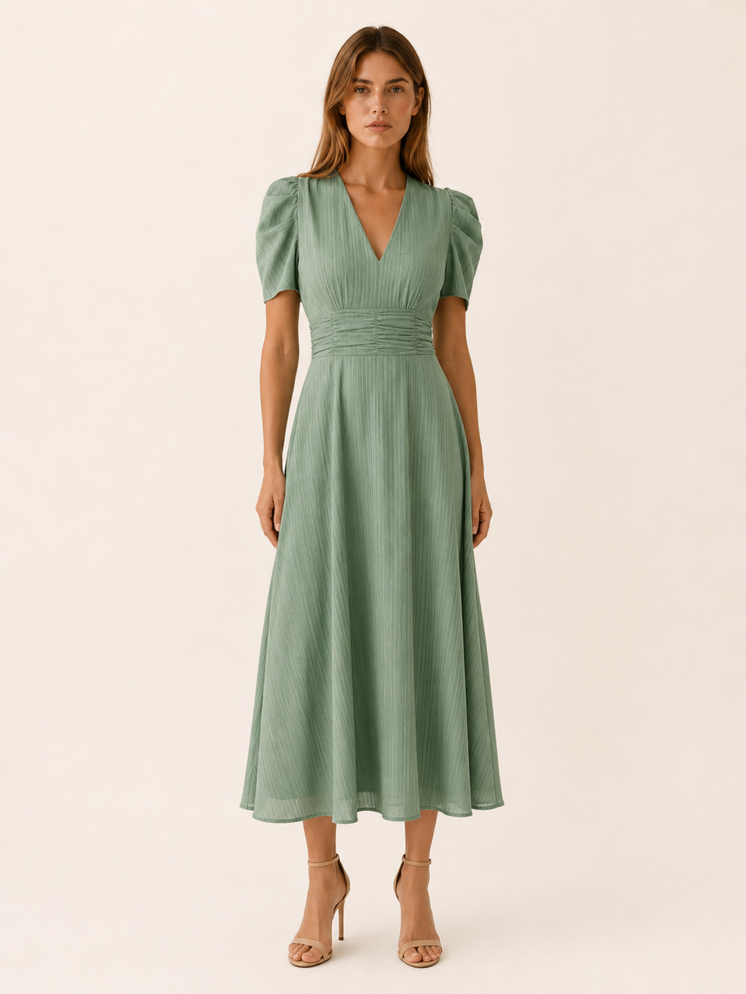 Beige V Neck Midi Dress with Ruched Waist – model view