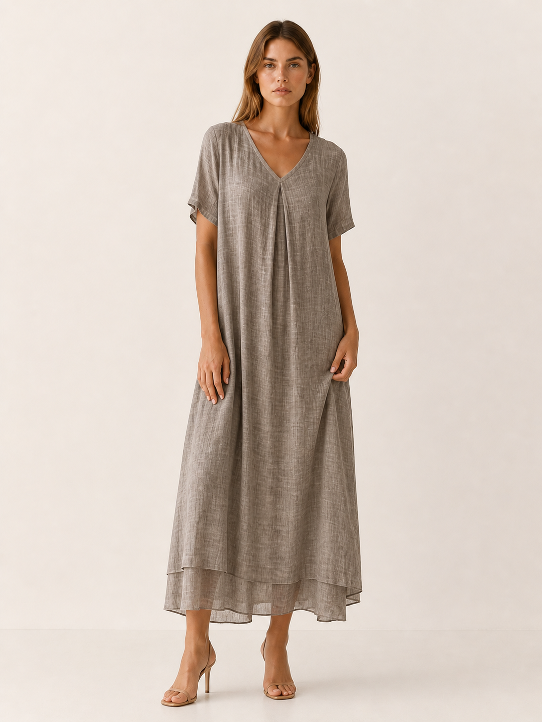 Beige Loose Maxi Dress with V-Neckline – front view