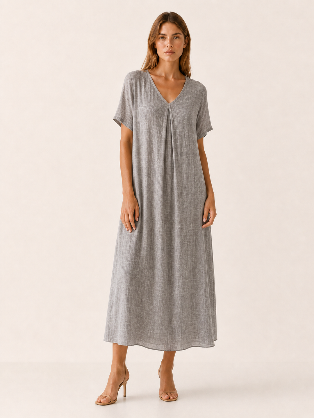 Beige Loose Maxi Dress with V-Neckline – close-up