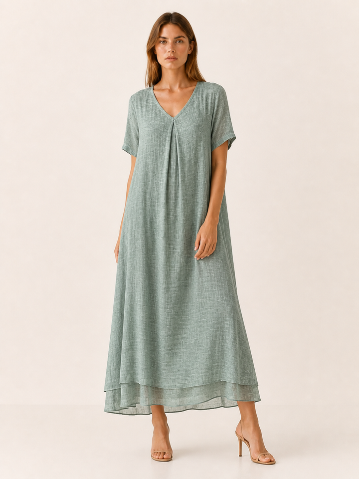 Beige Loose Maxi Dress with V-Neckline – lifestyle