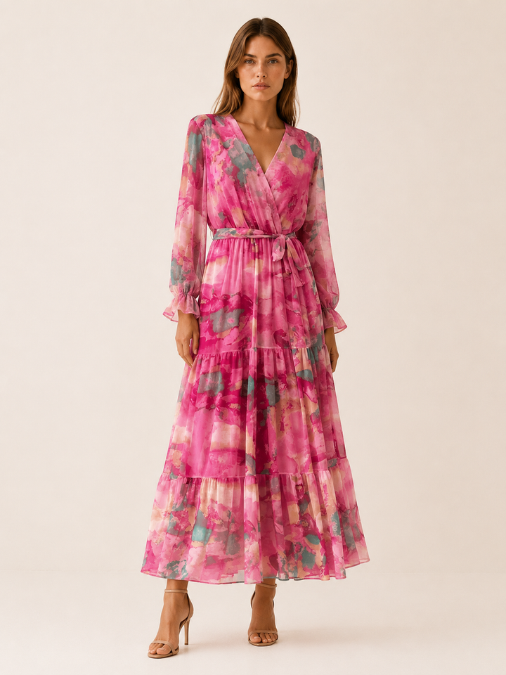 Pink Printed Maxi Dress with Tie Waist – front view