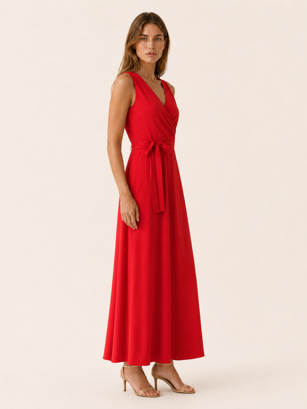 Red Maxi Dress with V Neck and Tie Waist – side view