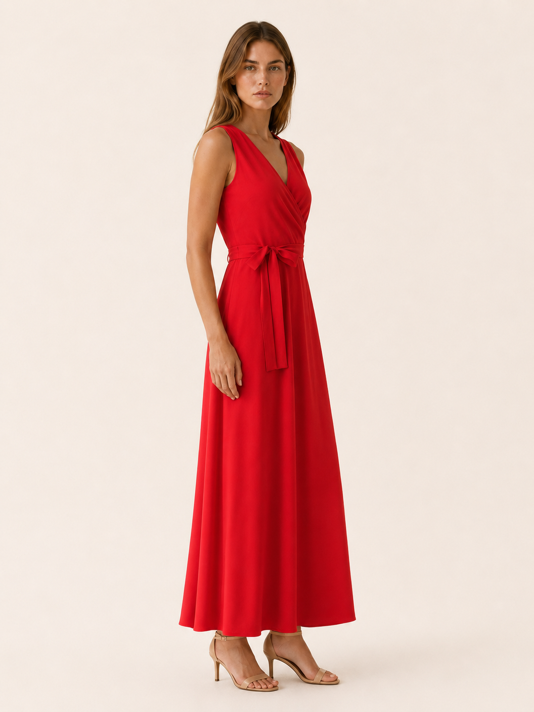 Red Maxi Dress with V Neck and Tie Waist – side view