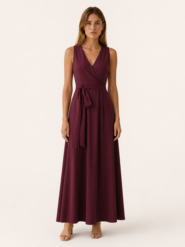 Red Maxi Dress with V Neck and Tie Waist – full length view