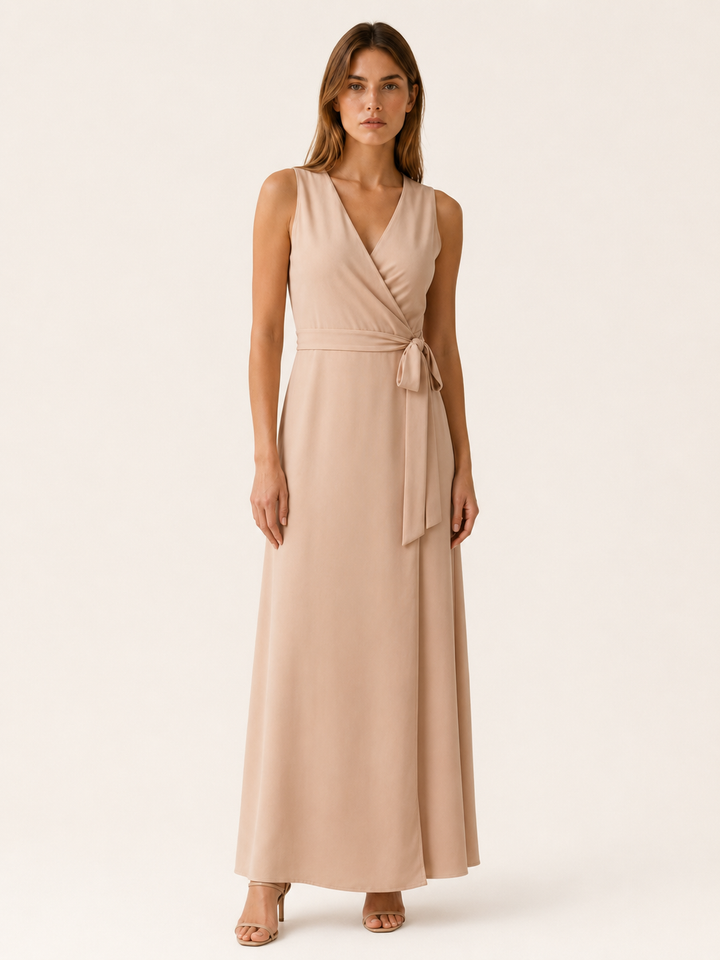 Red Maxi Dress with V Neck and Tie Waist – angled view