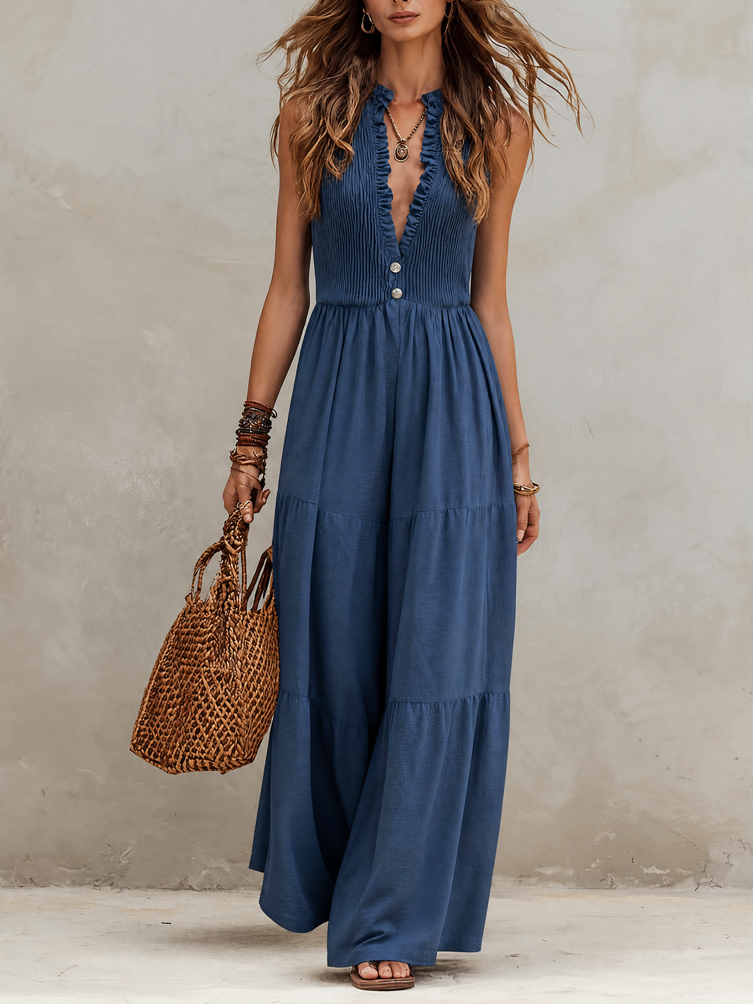 Retro ruffle neck cotton linen jumpsuit front view