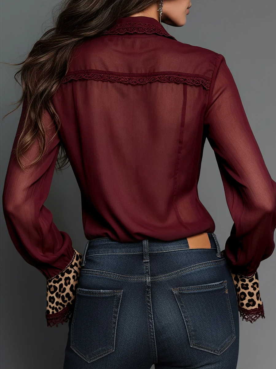 Retro leopard print chiffon fitted blouse lace trim back view